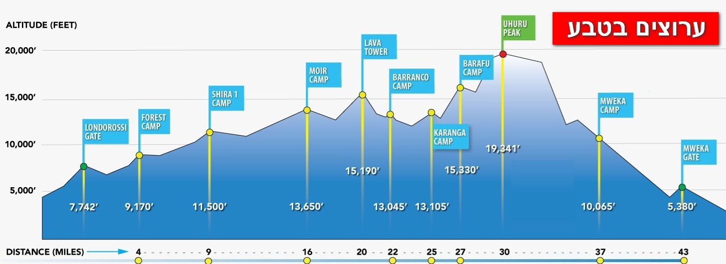 טבלה גובה טיפוס קילימנג'רו